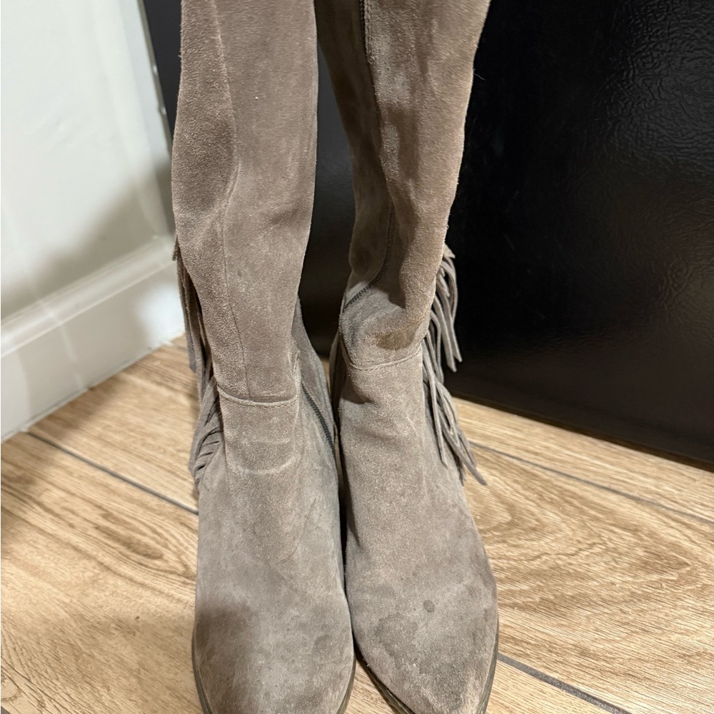Steve Madden Taupe Suede Fringe Heeled Boots
